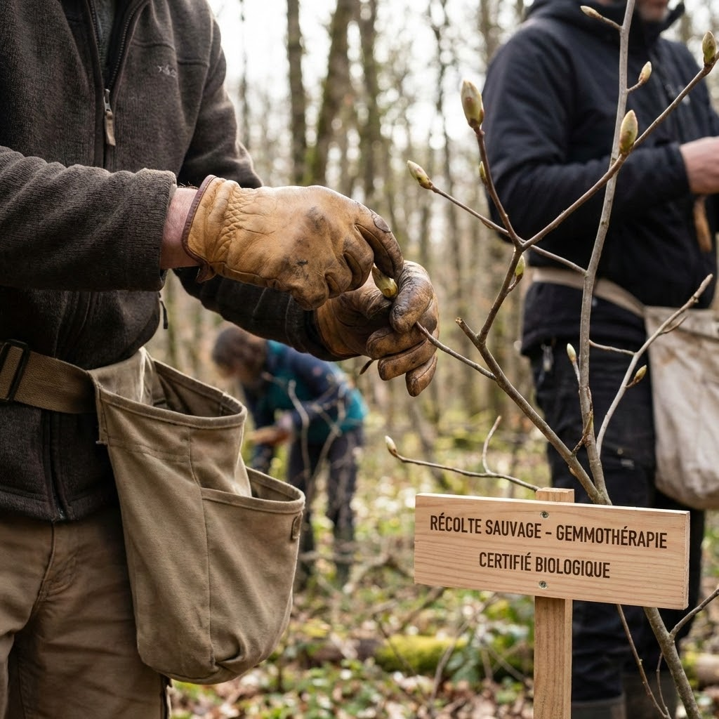 Gros plan sur des mains expertes récoltant des bourgeons de printemps sur une branche d'arbre, dans une forêt sauvage et préservée, lumière matinale douce.